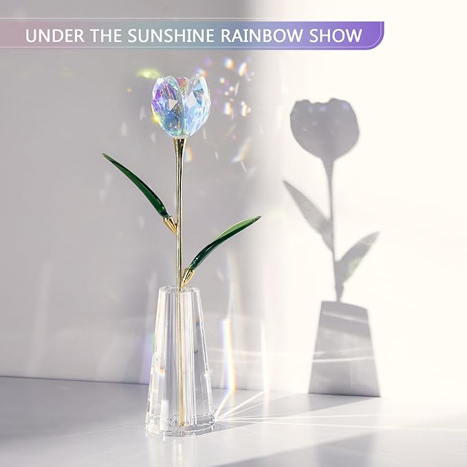 Crystal Tulip Flowers Figurine Collectible- Glass Flowers with Vase,Glass Flower Bouquet Paperweight,Gift for Anniversary Wedding Centerpiece Ornament（Colorful）