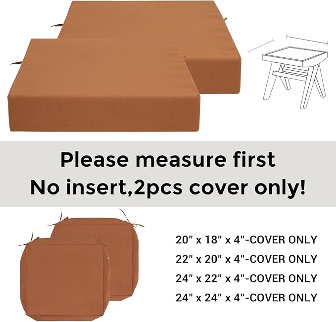 FUNHOME Outdoor Cushion Covers 24 x 24 x 4 inch,Set of 2,Replacement Square Seat Cushion Cover for Patio Furniture Chair,Water Resistant,Fade-Resistant Slipcover Only,No Insert(Caramel Orange)
