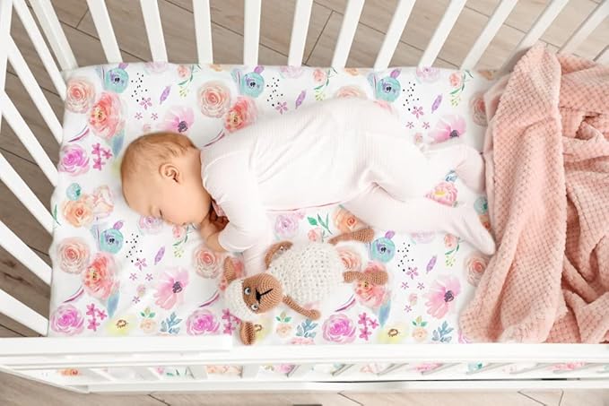 TotAha Premium Stretchy Crib Sheets (2-Pack)-Hypoallergenic, Silky Comfort, Buttery Soft, Calming Effect, All-Season Jersey-Knit Sheets, 9'' Extra Deep Pocket (Colorful Flora & Blue Flowers)