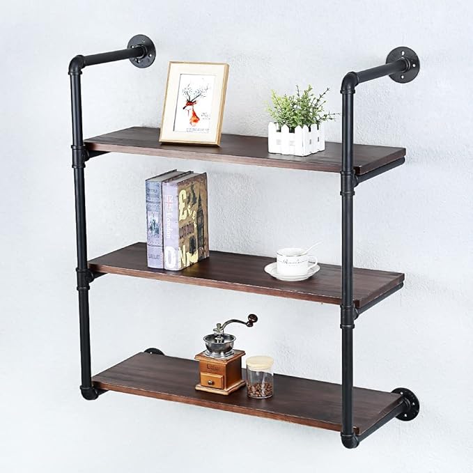 Industrial Pipe Shelving Wall Mounted,30in Rustic Metal Floating Shelves,Steampunk Real Wood Book Shelves,Wall Shelf Unit Bookshelf Hanging Wall Shelves,Farmhouse Kitchen Bar Shelving(3 Tier)