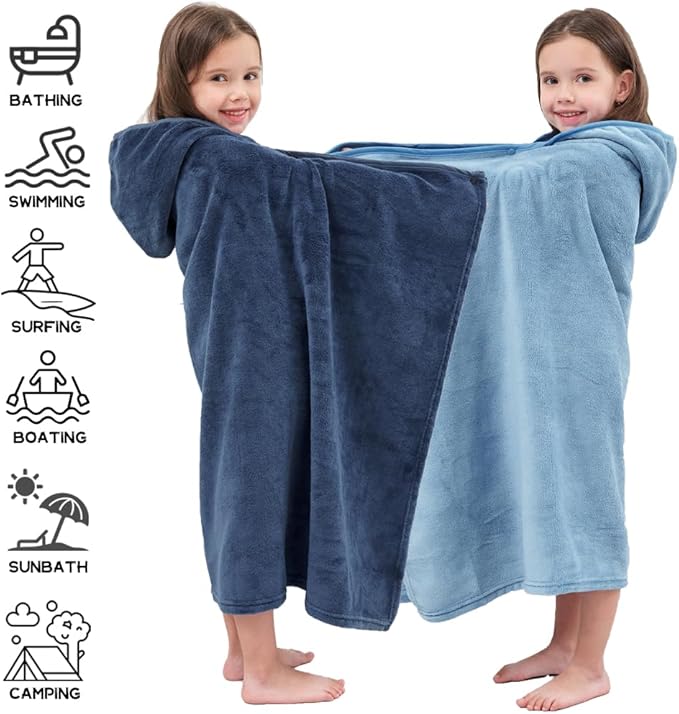 Hiturbo 2Pcs Kids Fleece Hooded Towel: Soft Plush Warm Blanket - 50"x30" Pool Beach Bath Swim Towel Wrap for 3-12 Yrs (Navy+Blue)