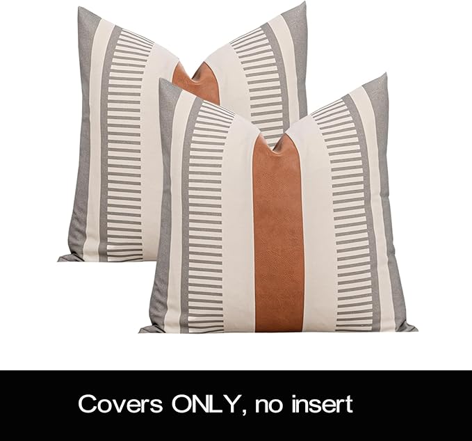 Farmhouse Stripe Pillow Cover 18x18 Boho Accent Cushion Case Faux Leather Decorative Pillowcase,Grey and Beige (Cover ONLY, Pack of 2)