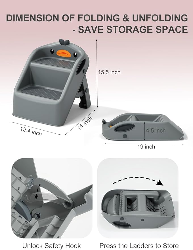 Toddler Step Stool Dark Grey, Foldable 2 Step Stool for Kids Bathroom Sink Potty Toilet, 15" Height(11" Two Steps & 4" Back Support), Cute & Lightweight Gift to Give Todders 1-3 More Independence