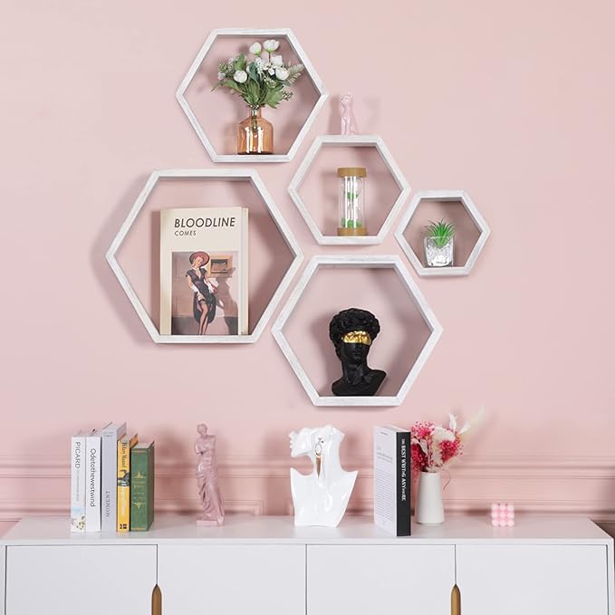 PHOENANCEE Hexagon Floating Shelves,Wall Mounted Wood Farmhouse Storage Honeycomb Wall Shelf Set of 5,for Bathroom, Kitchen, Bedroom, Living Room,Office,Driftwood Finish (Weathered White)