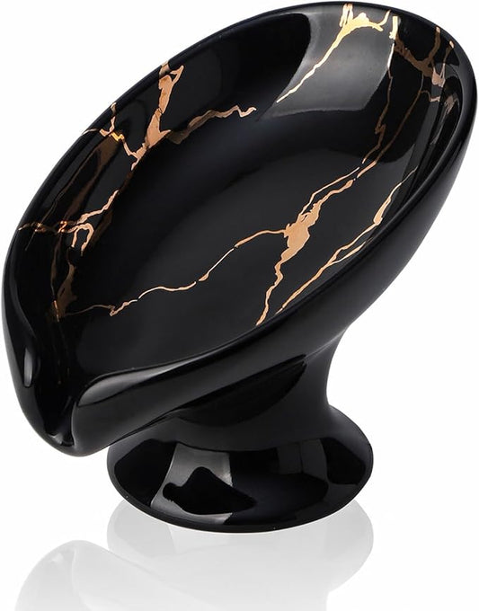 WHJY Marble Soap Holder Tray, Small Leaf Shape, Black, for Bathroom & Kitchen