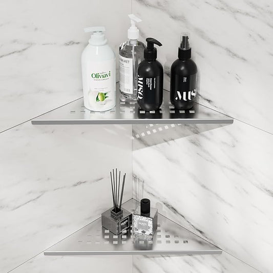 Corner Shower Shelf 10" Slot Design Bathroom Shelves for Tiled Wall, 304 Stainless Steel Recessed Organizer Corner Shelves for Inside Shower Decor, 2 Pack, Silver (Square)