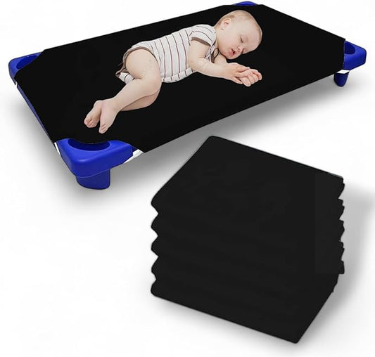 Pack of 6 Cot Sheet for Daycare Preschool Cot Bed -Polyblend Fabric with Corner Elastic Cots Sheets Fits On 22" X 52" Inches Size Toddler and Preschool Daycare Cot Black 22 X 52 Size
