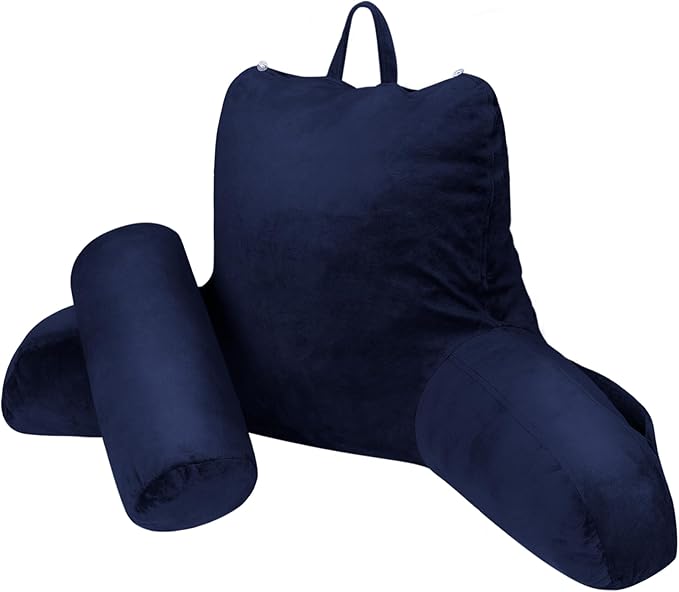 COOLBEBE Reading Pillow for Bed Backrest Pillow for Bed Sitting Up Adult with Arms Navy Back Support Pillow with Headrest & Pockets, Removable Washable Cover and Detachable Neck Roll(Extra Large 27")