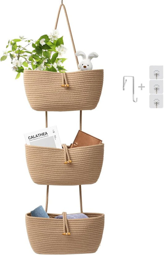 TeoKJ 3-Tier Cotton Rope Baskets with Button Strap Over the Door Wall Hanging Baskets for Nursery, Living Room, Bathroom, Door Storage Organizer for Decoration-Jute