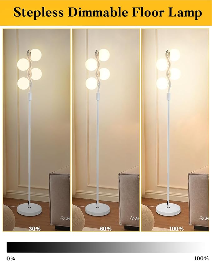 60IN Dimmable (Brightness Adjustable) White Pole Floor Lamp, Modern Standing Lamps with 4 Globe Soft Warm White 3000K Bulbs, Mid Century Floor Lamp for Living Room Bedroom Home Decor