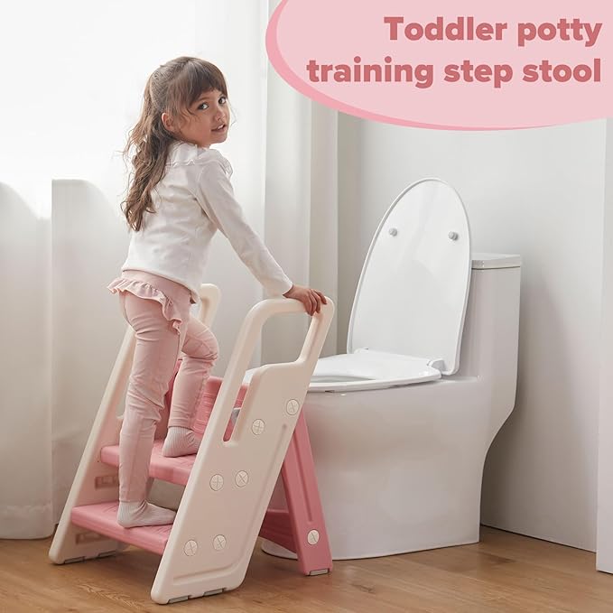 Folding Toddler Step Stool for Bathroom Sink,Adjustable 3 to 2 Step Stools for Toilet Potty Training,Sturdy Kids Step Stool for Kitchen Counter with Handle,Pink
