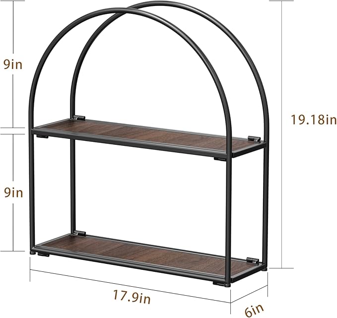 Crofy Black Arched Frame Wall Shelf, Decorative 2 Tier Bathroom Wall Shelf with Walnut Finish Shelves and Robust Storage Capacity, 6" D x 17.9" W x 19.18" H