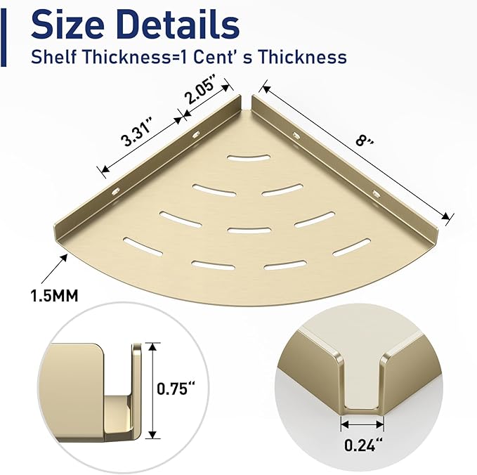 2 Pack Corner Shower Shelves 304 Stainless Steel Brushed Gold Corner Shower Shelf Quick Drainage 8 in Drilling Installation