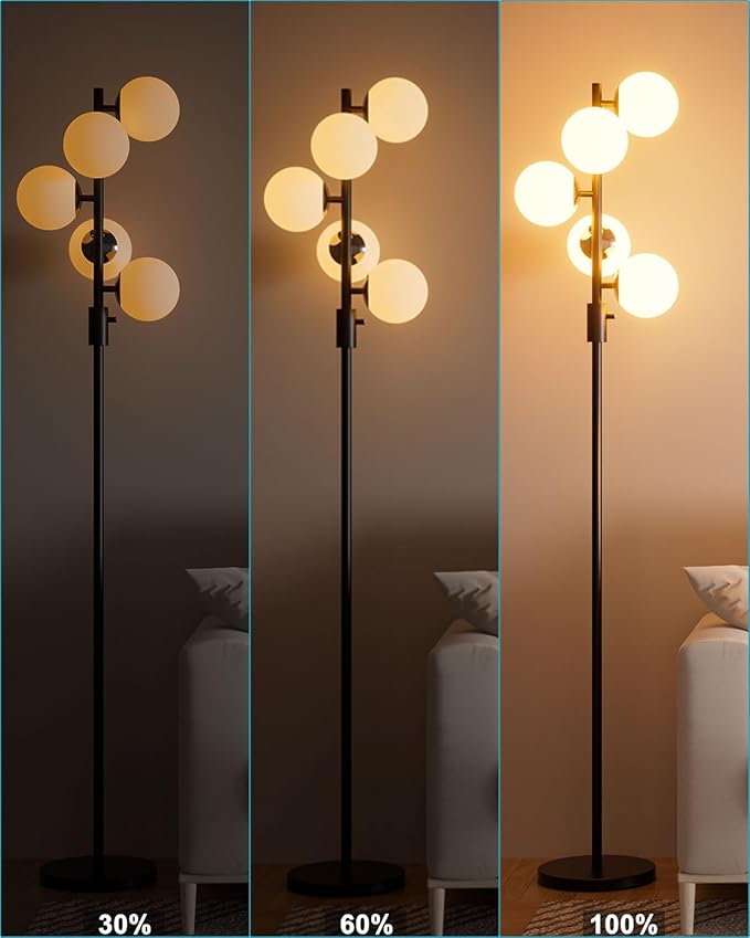64IN Dimmable Black Floor Lamp, Tall Standing Lamps with 5 Globe Soft Warm White Eye Care 3000K G9 Bulbs, Mid Century Modern Floor Lamp for Living Room Bedroom Office