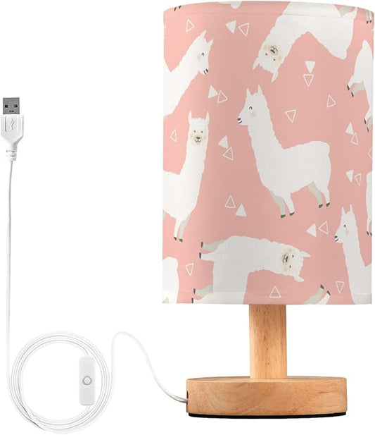 Table Lamp White Llama Alpaca Geometric Triangle on Pink Nightstand Lamp with Wood Base Fabric Lamp Shade Bedside Desk Lamp for Living Room Bedroom Kids Room Office