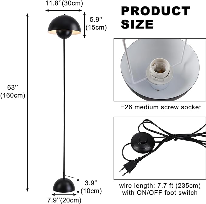 COSYLUX Modern Floor Lamp for Living Room, Industrial Tall Standing Lamp for Bedroom, Metal Shade Reflecting Light Reading Floor Lamp for Office, Nursery Room, Corner(Black)