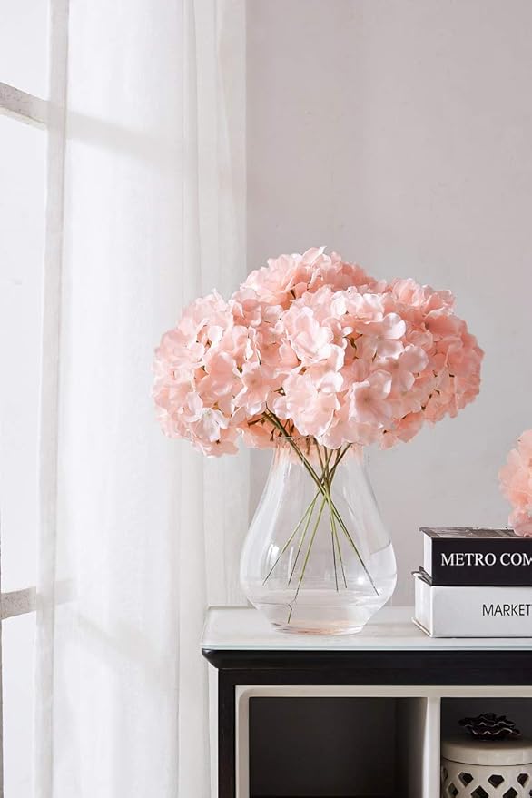 Artificial Hydrangea Flowers Blush Heads 10 Fake Hydrangea Silk Flowers for Wedding Centerpieces Bouquets DIY Floral Decor Home Decoration with Stems(VASE NOT Included)