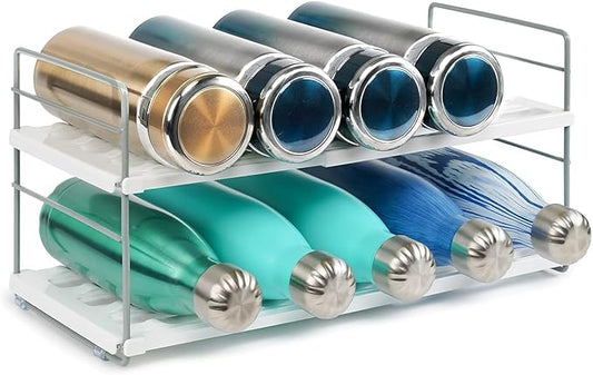 Water Bottle Organizer For Cabinet, Adjustable Tumbler Storage, Expandable Water Bottle Holder For Kitchen Organization, 2 Tier Cup Organizer For Sports Flask Insulated Travel Mug Fridge, White