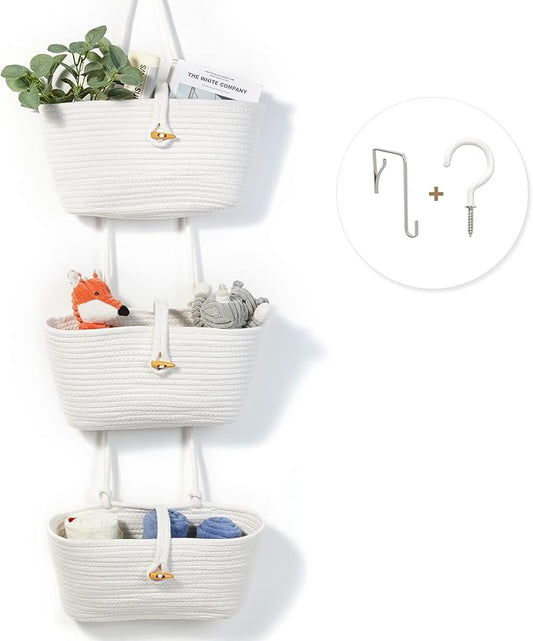 DULLEMELO Hanging Basket with Button Strap 3-Tier Woven Cotton Hanging Wall Baskets for Storage, Boho Wall Decor Hanging Storage Basket with Button Strap, White