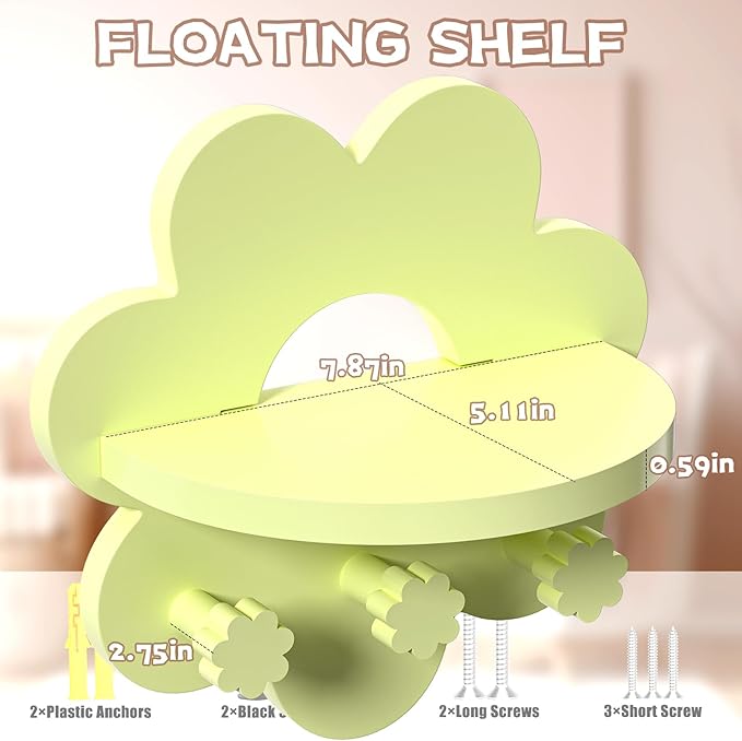Floating Shelf for Wall, Hanging Display Wall Shelf with Hooks Wooden Daisy Flower Shelf for Bathroom Living Room Bedroom Wall Decor, (Light Yellow)