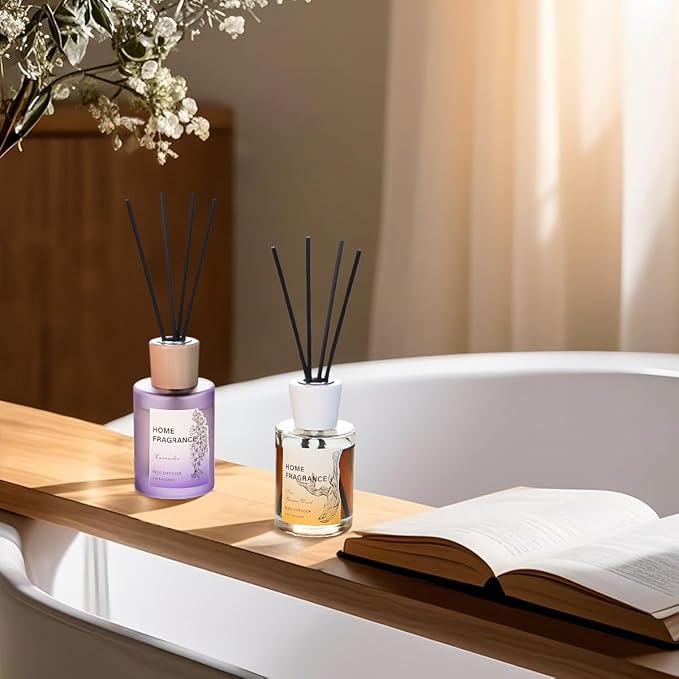 Reed Diffuser - Sea Guaiac Wood&Lavender 4.06oz (120ml) 2 Packs Essential Oil Reed Diffuser Set with 16 Sticks, Long Lasting Fragrance for Home, Bathroom, Bedroom, Room, Decor