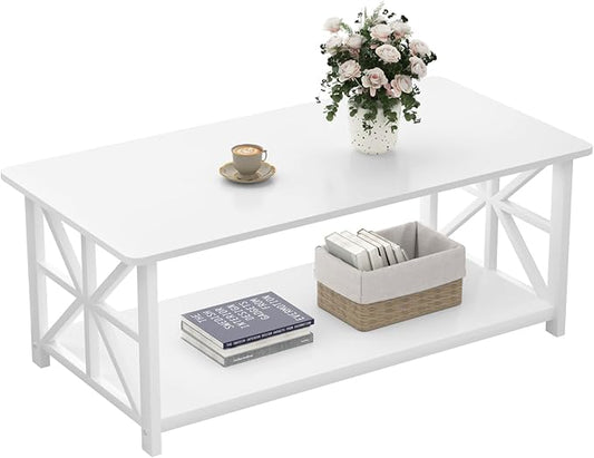GreenForest Coffee Table for Living Room with Round Corners Farmhouse Style Center Table with Storage Shelf 39 Inch Space Saving Easy Assembly Full White