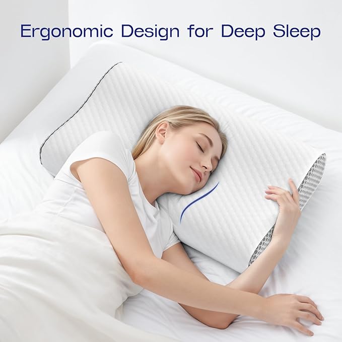 Contoured Neck Pillow Memory Foam - Dual Use Cervical Neck Pillow for Sleeping - Soft Bed Pillow for Neck and Shoulder Pain - Ergonomic Side Sleeper Cervical Pillows (Grey White)