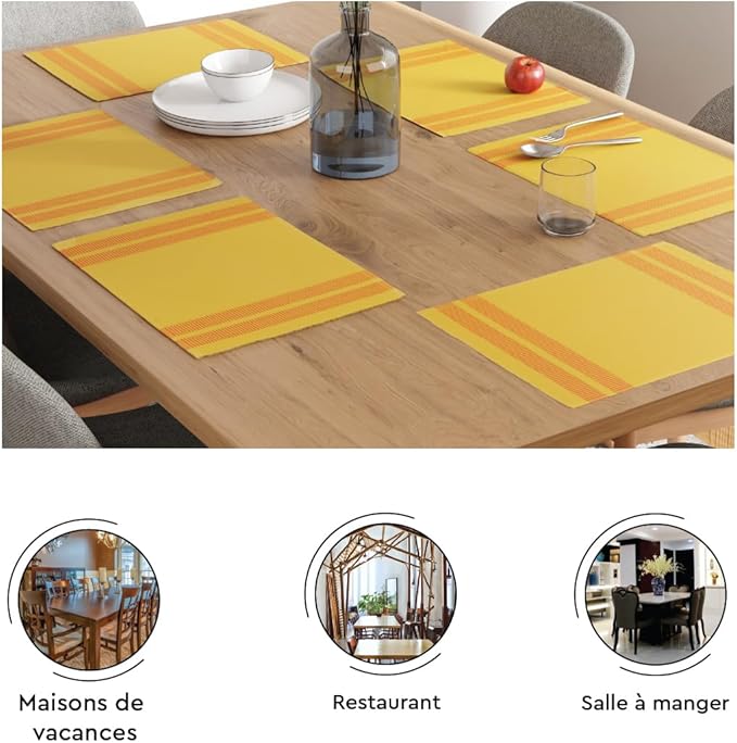 Encasa XO Dining Placemat Set of 6 | Ladder Lemon Color | Fine Ribbed Cotton Table mat | Size 18x13 in | Machine Washable