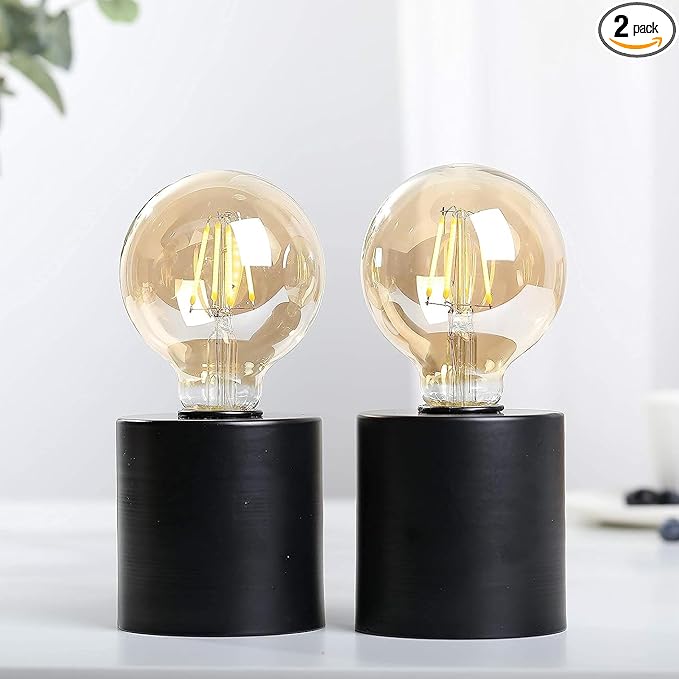 JHY DESIGN Set of 2 Black Table Lamp Battery Powered 7" Tall Cordless Lamp Light with Edison Style Bulb Battery Operated Great for Living Room Bedroom Weddings Parties Indoors Outdoors