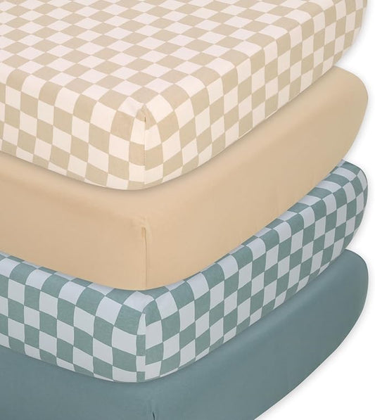 The Peanutshell Organic Crib Sheets for Boys or Girls, Breathable Super Soft 100% Jersey Cotton, Checkered Baby Items, Gender Neutral Nursery Bedding, 4 Pack Set for 28x52 Mattresses, Brown Beige Teal
