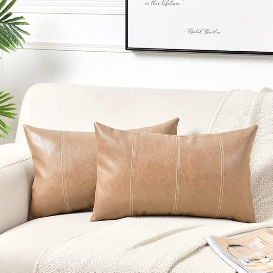Fancy Homi 2 Packs Tan Long Lumbar Faux Leather Decorative Throw Pillow Covers 12x24 Inch for Outdoor Couch Bed, Beige Hand Stitched Cushion Case 30x60 cm, Taupe Modern Farmhouse Home Decor