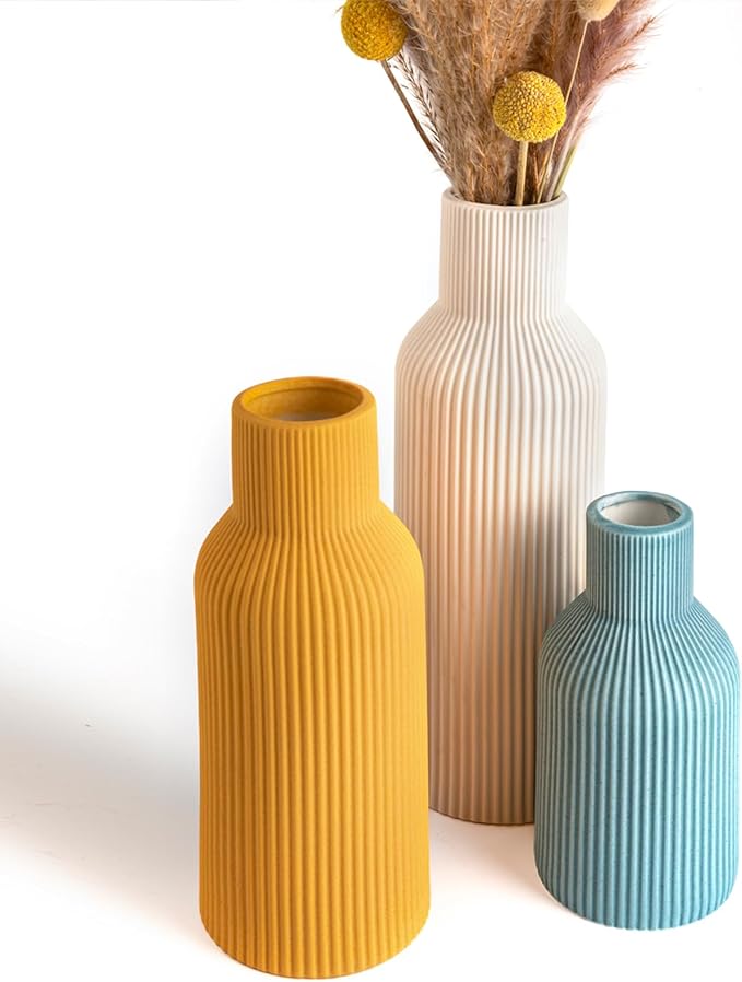 Colorful Ceramic Vases Set of 3,Farmhouse Decor, Home Decor, Pampas Grass Vases for Kitchen, Bedroom, Office, Living Room, Bathroom, Wedding, Entryway, Table Centerpieces, Gifts Women Mom (Color)