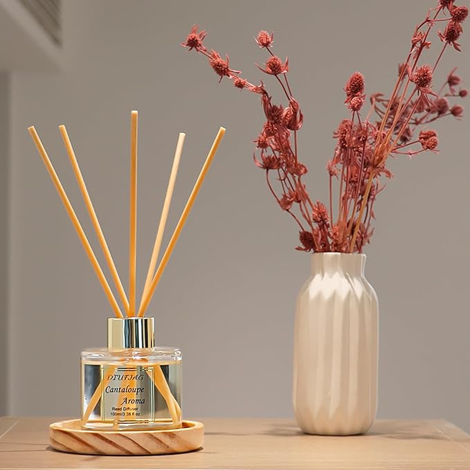 100ml Scent Diffuser with 6 Fiber Sticks, 3.5 oz Reed Diffuser Set Aromatherapy Fragrance Diffusers Air Fresheners for Home Bedroom Bathroom (Cantaloupe)