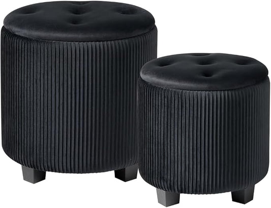 Big Round Ottoman with Storage Set of 2,Upholstered Velvet Vanity Stool for Makeup Multifunctional Foot Rest Coffee Table Padded Seat Tufted Ottomans for Living Room&Bedroom (Black)