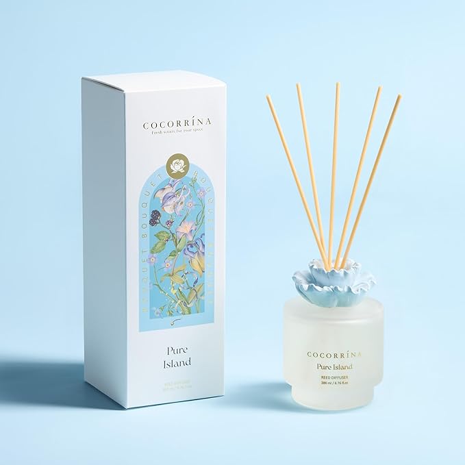 Cocorrina Gypsum Flower Reed Diffuser Set for Bathroom Décor – Pure Island Scent, 6.76 oz with Sticks & Oil – Home Fragrance for Bathroom & Living Space