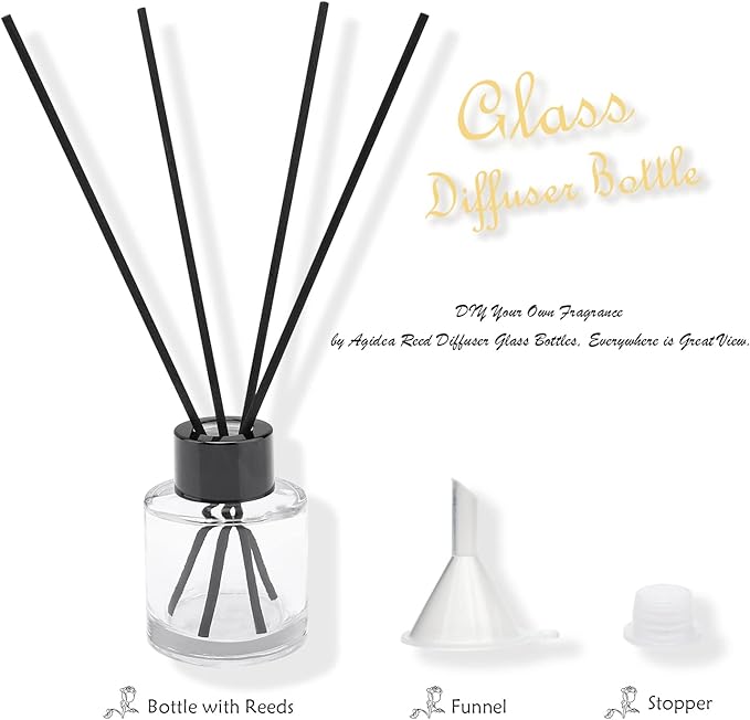 4PCS Refillable Fragrance Glass Diffuser Bottles with 20pcs Reeds Sticks & Black Caps & Funnel, Diffuser Jars for Home Oil Fragrance Decoration Girl Women Gift (50ML)