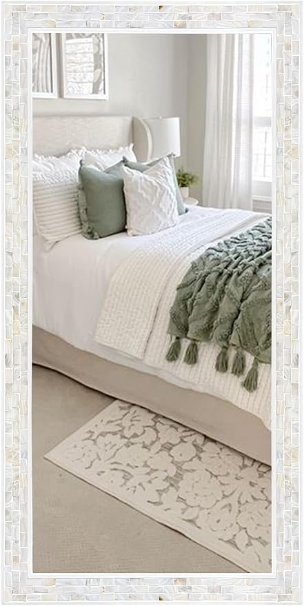 Tanmicoshomy 24 x 47Inch Rectangle Wall Mirror, Natural Shell Framed Rectangular Mirror for Bathroom, Vanity, Bedroom, Living Room, Entryway, Wall Mounted Horizontal or Vertical, White