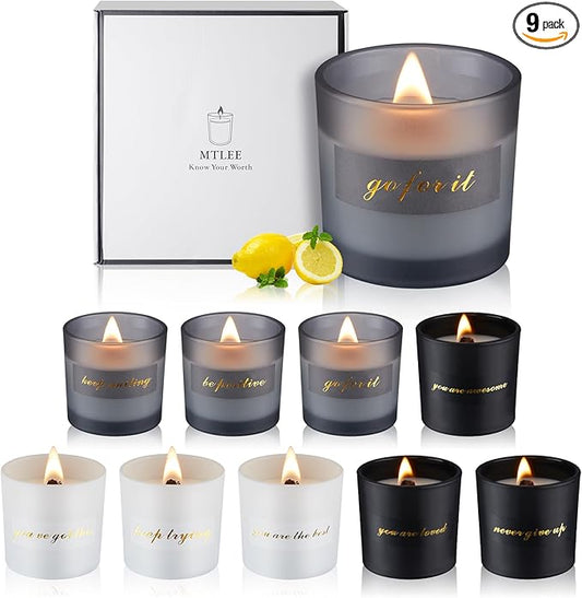 MTLEE 9 Pcs Motivational Aromatherapy Gifts Inspirational Soy Wax Scented Candles Bulk with Wooden Wicks Luxury Gift Box for Women Men Teacher Birthday Engagement Gift, 2.12 oz