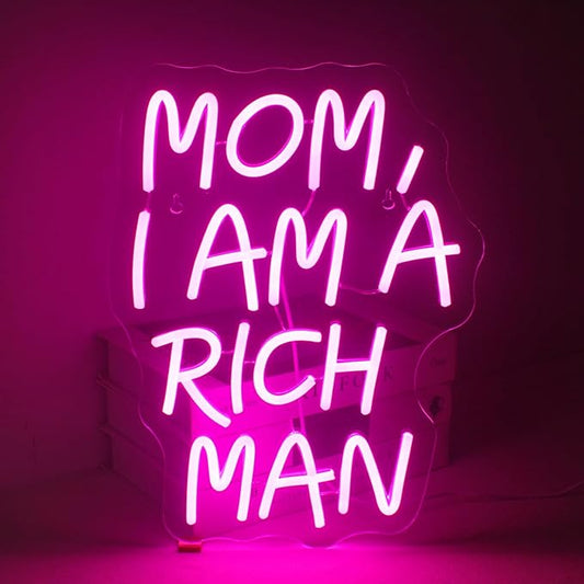 LUCUNSTAR Mom I Am A Rich Man Neon Sign,Neon Signs for Wall Decor,Pink Neon Sign,Neon Light for Wall,Led Signs Decor,USB Connectivity Led Neon Signs for Home Wall,Boys Room Decor,Man Cave Decor