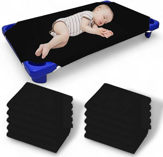 Pack of 12 Cot Sheet for Daycare Preschool Cot Bed -Polyblend Fabric with Corner Elastic Cots Sheets Fits On 22" X 40" Inches Size Toddler and Preschool Daycare Cot Black 22 X 40 Size