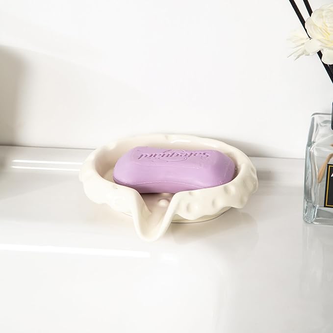 Ceramic Soap Dishes with Drain Spout, Modern Bathroom Countertop Soap Holder, Porcelain Soap Tray for Sink. Cream White.