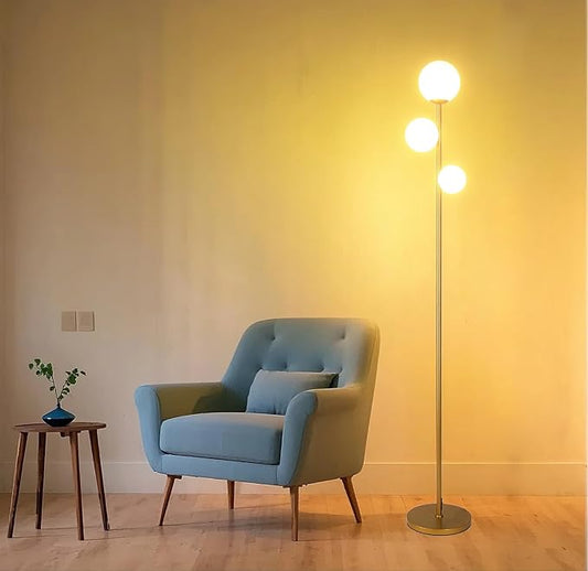 Fiqevs Floor Lamp, 3 Globe Mid Century Floor Lamps for Living Room with Sphere Frosted Glass Shade and 3 2700K LED Bulbs, Vintage Modern Gold Standing Lamp for Bedrooms, Office - Antique Brass