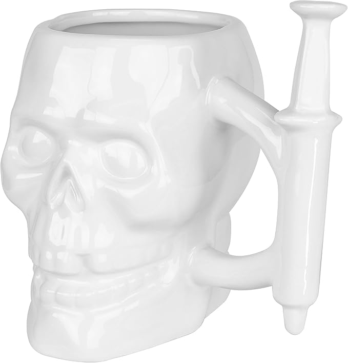Fairly Odd Novelties FON-10235 Skull With Syringe Handle Ceramic Coffee Mug 11 oz, White