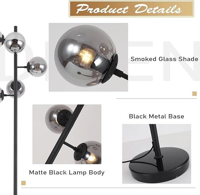 KCO Lighting Smoked Glass Modern Globe Farmhouse Black Standing Multi-Head Floor Lamps for Living Room, Bedrooms, Office