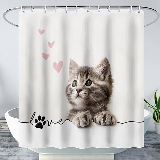AILONEN 3D Kawaii Cat Shower Curtain, Fuzzy Ball Kitten Shower Curtain for Kids Girls Boys Bathroom Decor,Cute Pet Cat Lover Waterproof Shower Curtains Sets with Hooks,48" W*72" H