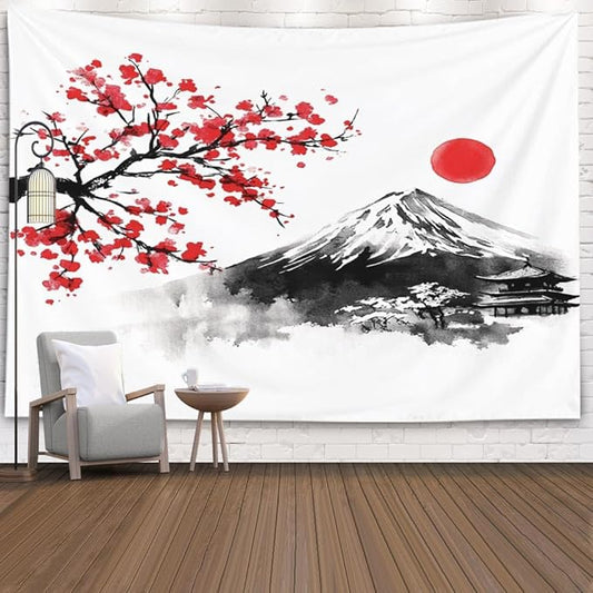 EMMTEEY Mountain Tapestry Wall Art for Bedroom 60X50 Inch-Ink Red Flowers and Fuji Mountain Durable Hanging Tapestry for Living Room