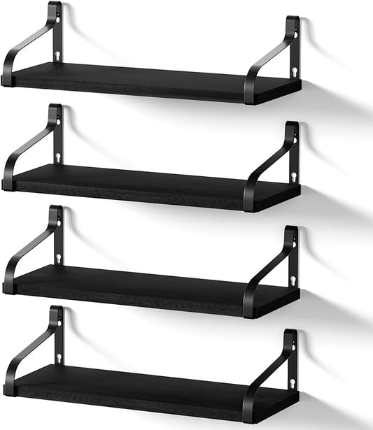 Love-KANKEI Black Floating Shelves for Wall Set of 4, 15.7 Inch Wood Wall Shelves with Bracket, Rustic Hanging Shelves for Bathroom, Bedroom, Kitchen,Living Room, Office Display