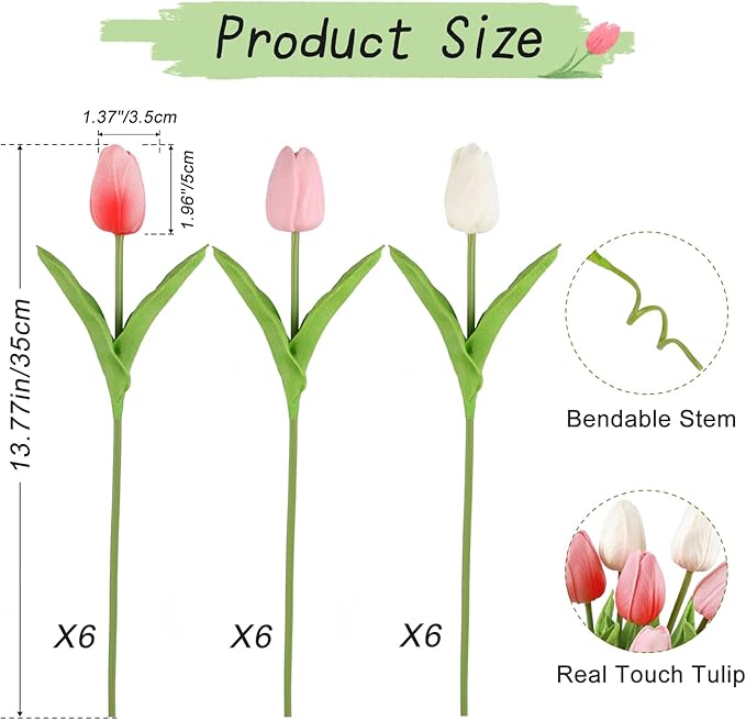 Beferr 18pcs Tulips Artificial Flowers Faux Tulip Real Touch Tulip Fake Flowers Bouquets Arrangements for Mothers Day Spring Easter Wedding Home Table Decor Colorful
