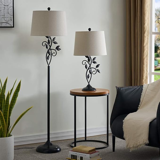 Maxax Vintage Floor Lamp, 62in Traditional Farmhouse Tall Standing Lamp with Oatmeal Fabric Shade,3-Way Dimmable Metal Leaf Floor Lamp for Living Room and Bedroom, Black