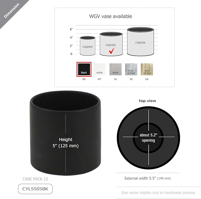 WGVI Matte Black Ceramic Cylinder Vase Width 5.5" Height 5", Flower Arrangements, Candle Holder, Terrarium Planter Pot, Storage Container Organizer, Pen Brush Holder, Tabletop Decor, Bulk, 6 Pcs